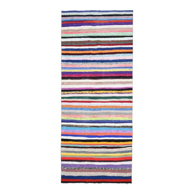 1970s Vintage Turkish Oushak Handmade Wool Cotton Blue Runner Rug 142x347
