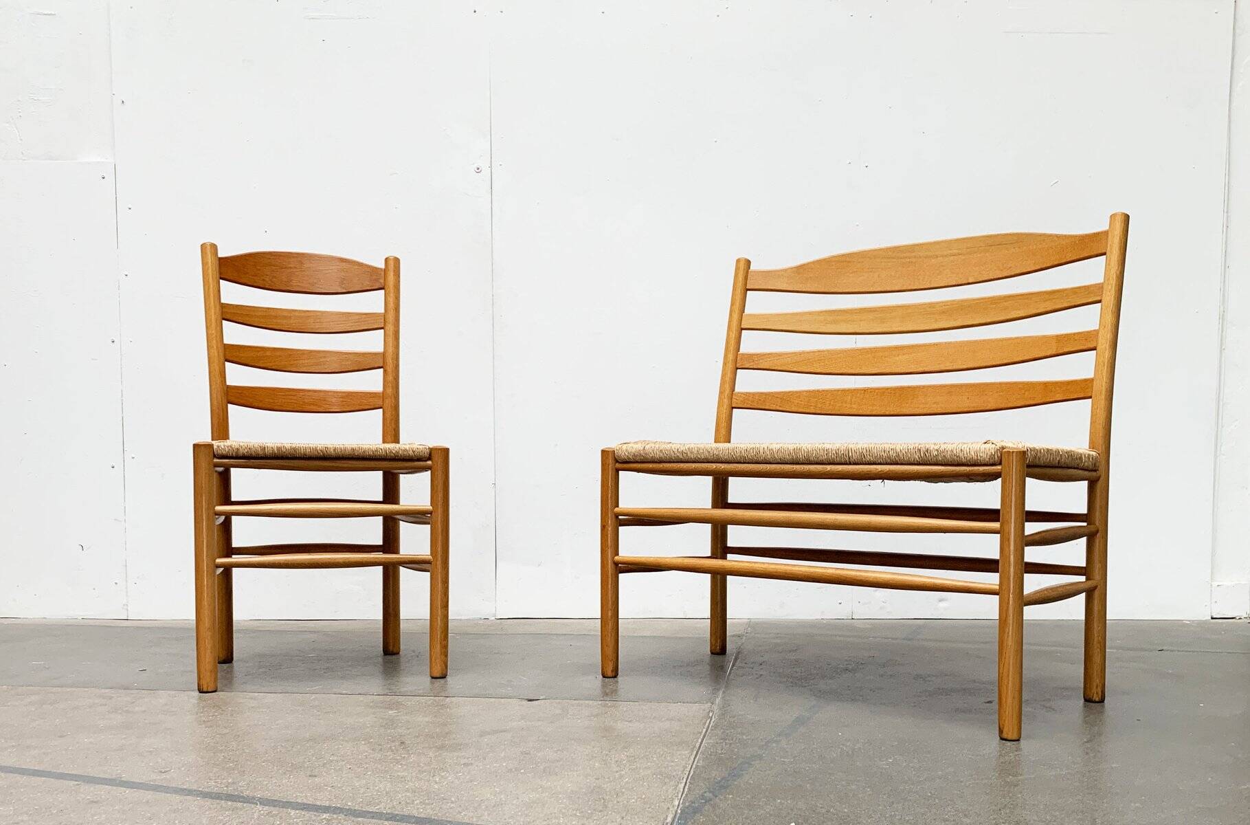 Scandinavian bench and chair set made of paper cord and oak from TS.
