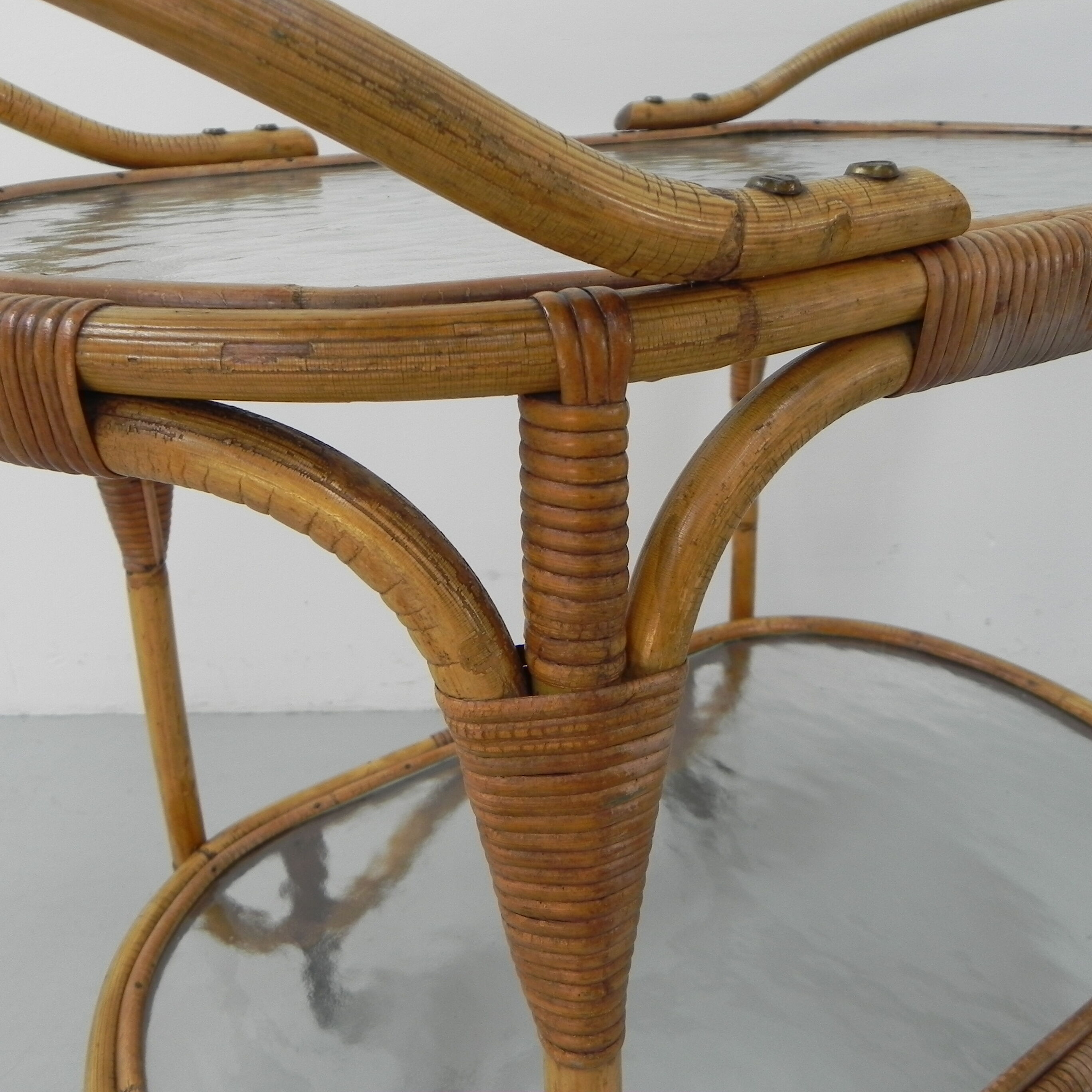Bamboo, rattan serving trolley on castors