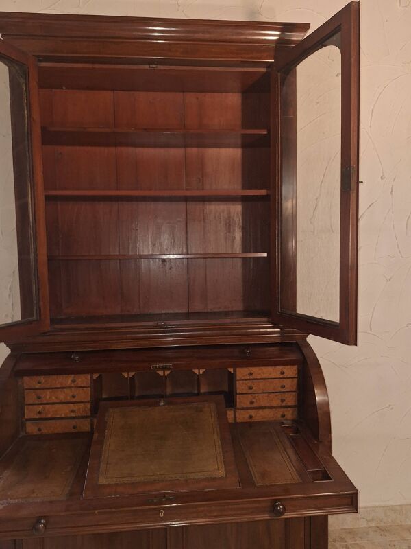 Bureau, scriban anglais avec bibliothèque vitrée