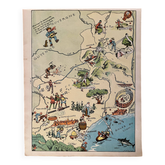 Affiche vintage carte illustrée du Languedoc Roussillon 1932 - JP Pinchon