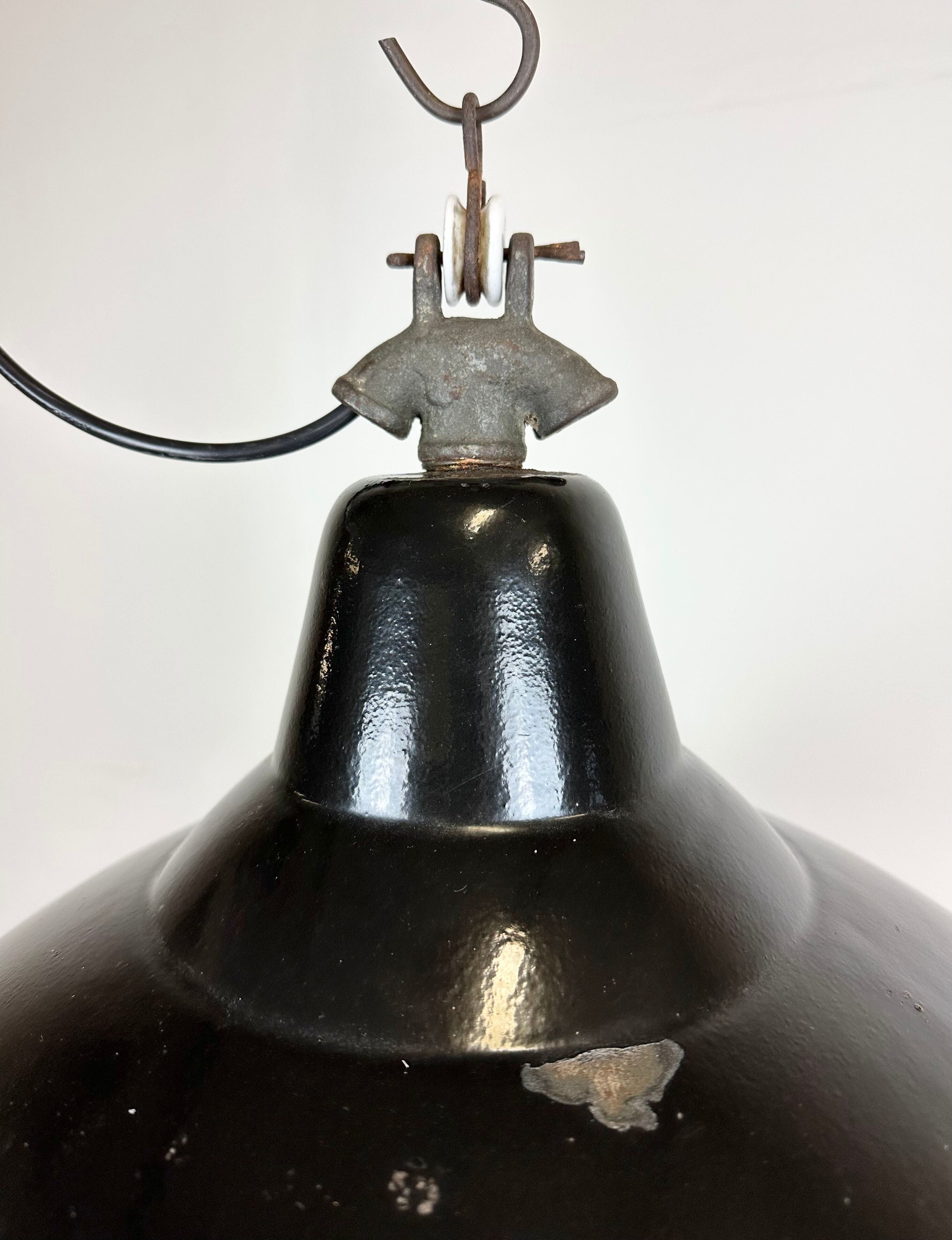 Industrial Black Enamel Factory Lamp with Cast Iron Top, 1950s