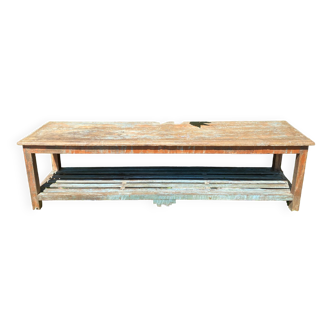 Blue patinated wooden display bench