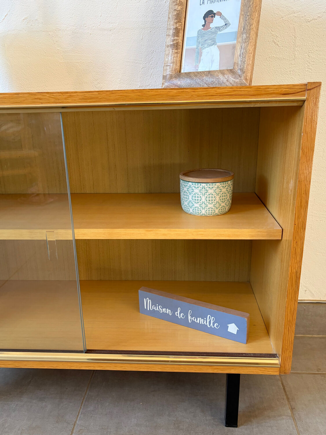 Vintage oak display cabinet from the 1960s.