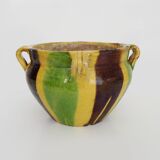 Poterie Saint-Uze en terre cuite vernissée jaune vert marron. Années 50
