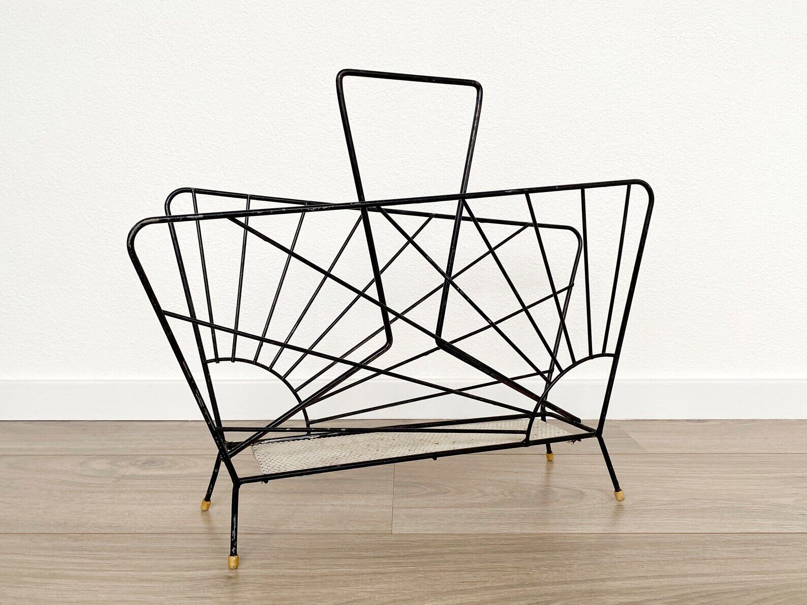 Mid century magazine rack - wire metal & perforated metal, vintage newspaper stand