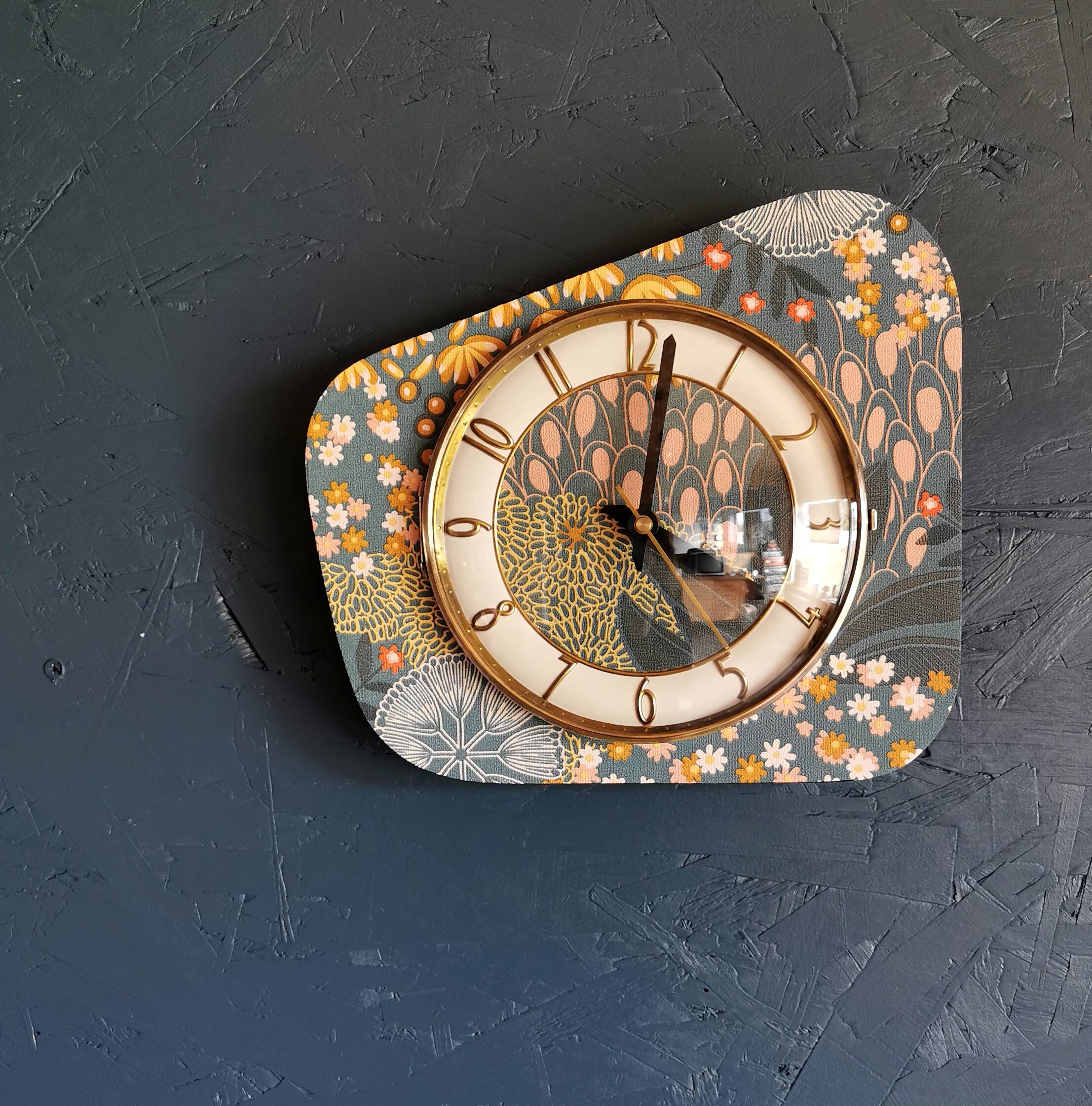 Vintage formica clock silent asymmetrical wall pendulum "Pink ocher blue"