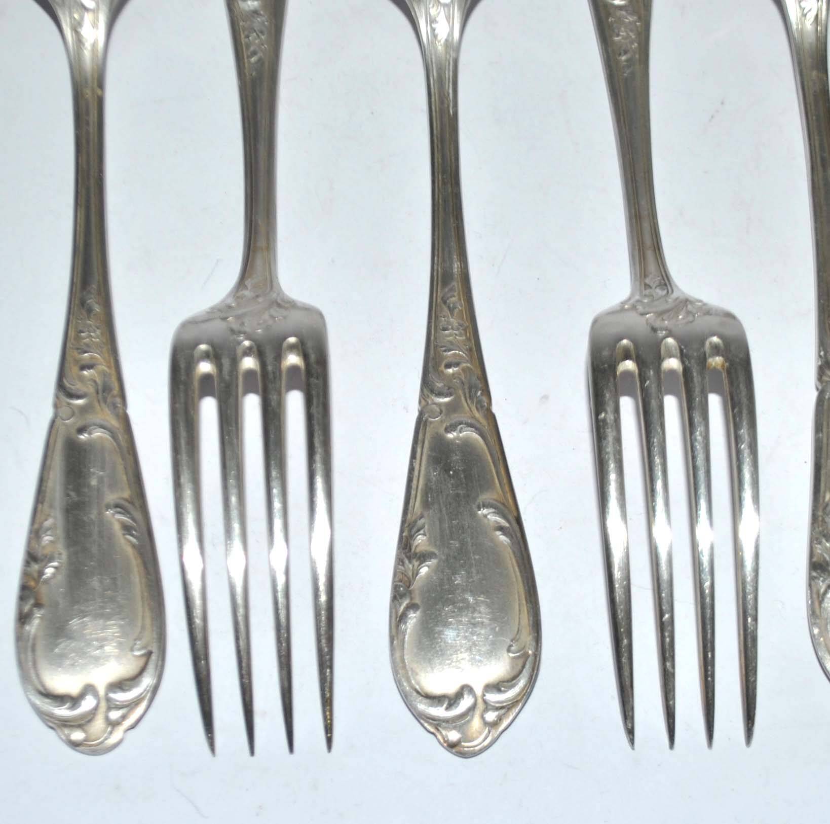 Set of 6 vintage MARLY rocaille table forks in silver metal 21.5cm
