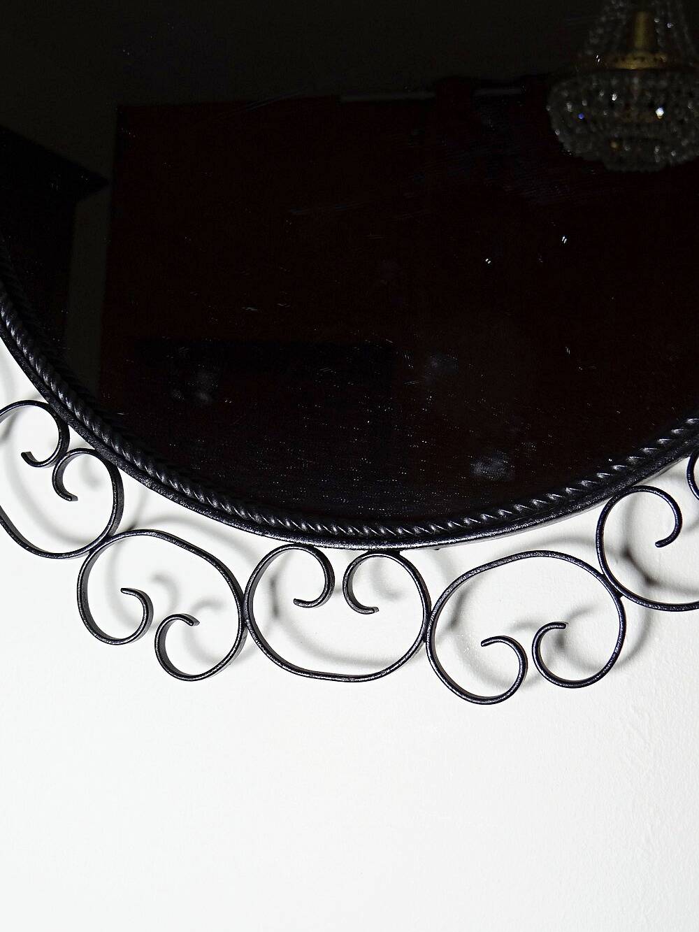 Vintage round wall mirror from the 60s and 70s, wrought iron arabesques