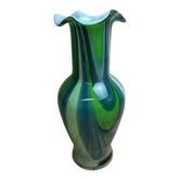 Vase en verre soufflé attribué à Murano vert bleu opalin