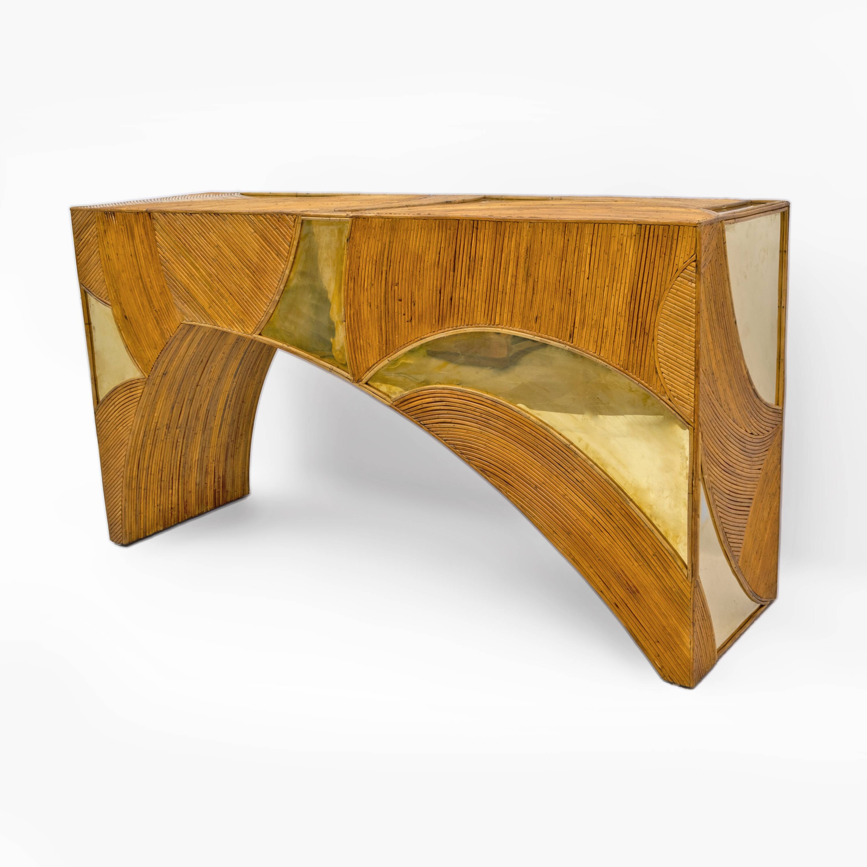 Mid-Century Modern Italian Rattan and Brass Center Console by Vivai del Sud