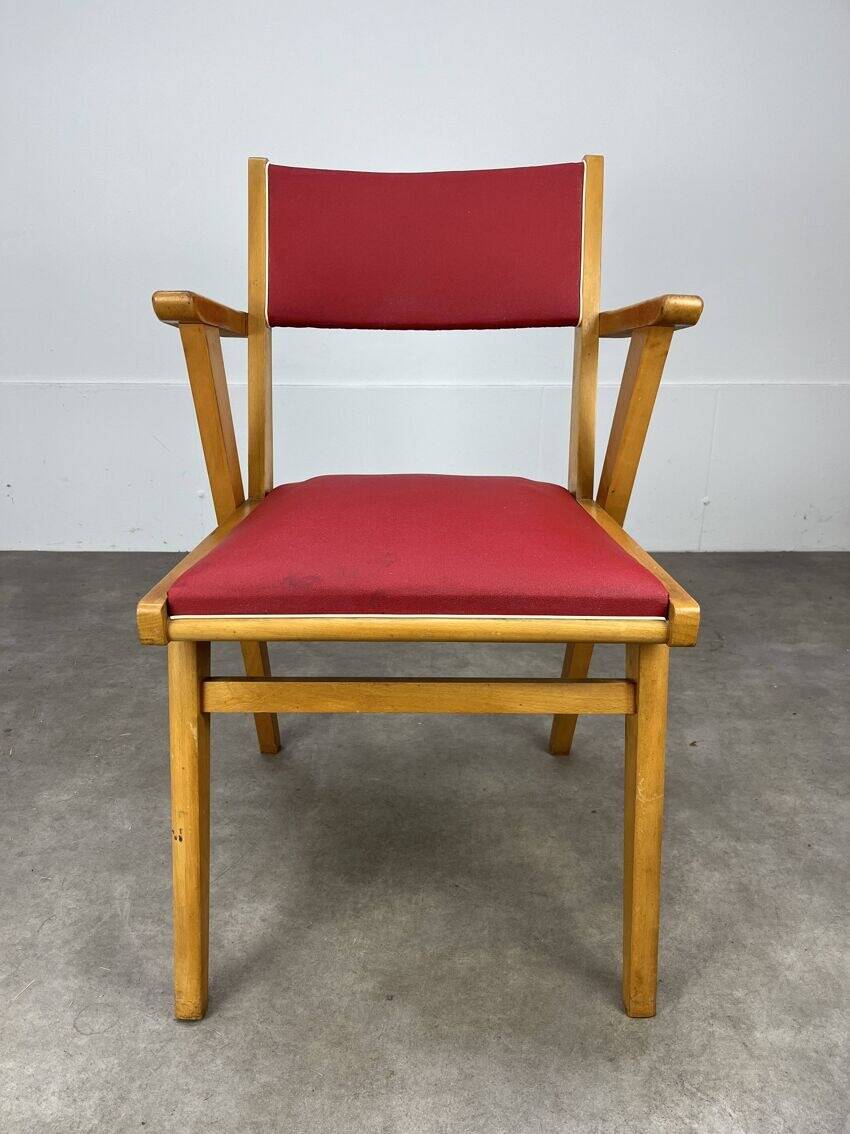 1950s bridge armchair, wood and red imitation leather
