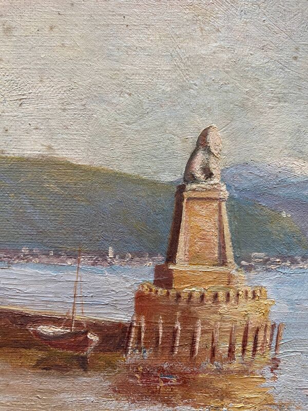 Tableau HST XIX° ''Marine avec phare et barques'' éc. Italie Orientaliste + cadre