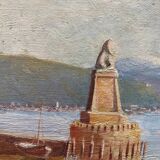 HST XIX° painting "Marine with lighthouse and boats" Italian Orientalist style + frame
