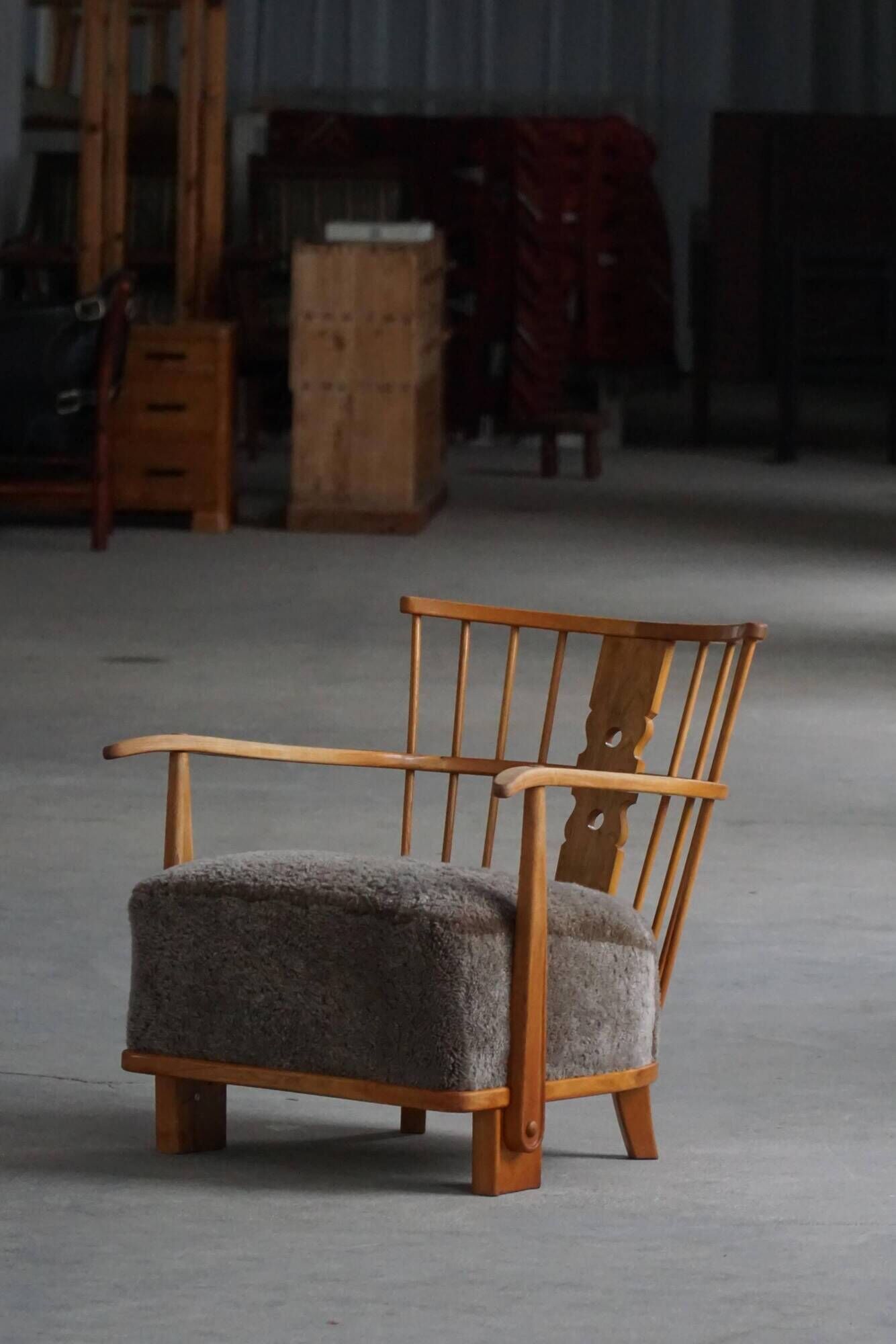 Armchair by Fritz Hansen, Model 1590, Elm & Lambswool, Scandinavian Modern, 1940s