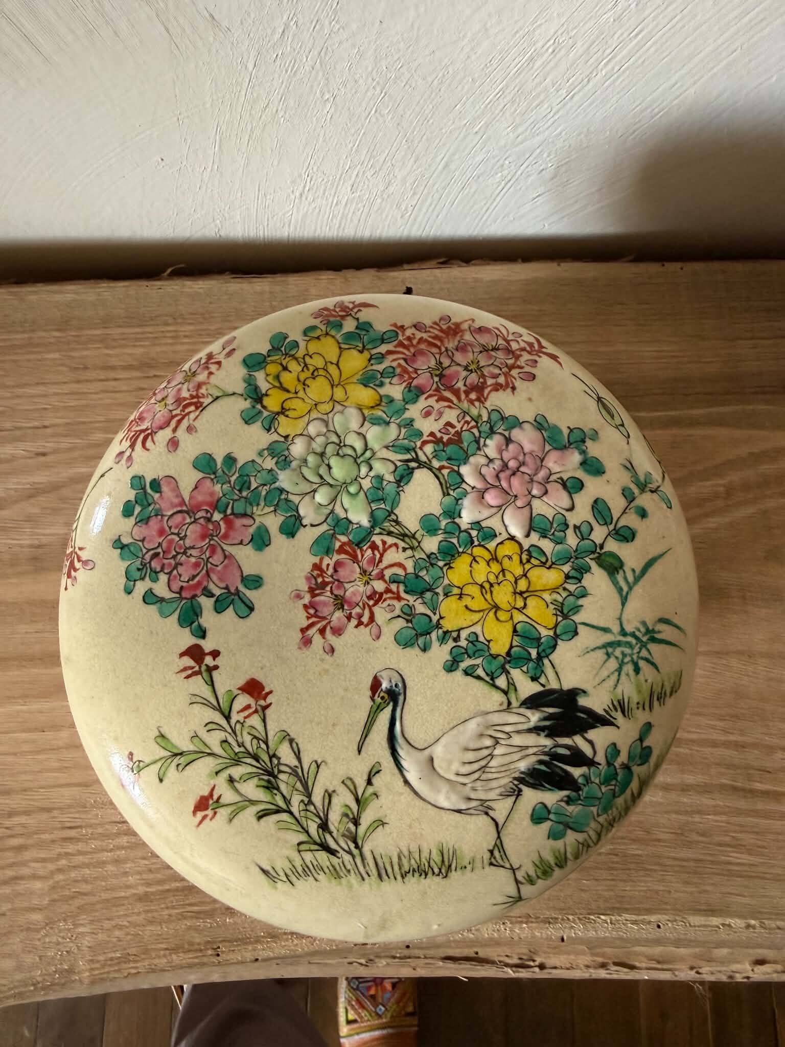 Japanese covered Satsuma ceramic box – heron and flowers decoration – signed