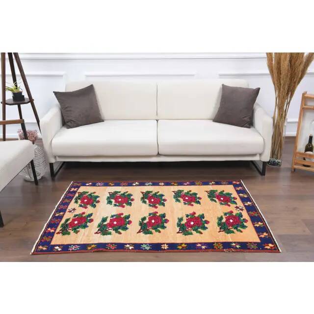 1970s Vintage Turkish Oushak Handmade Wool Cotton Orange Area Rug 102x155