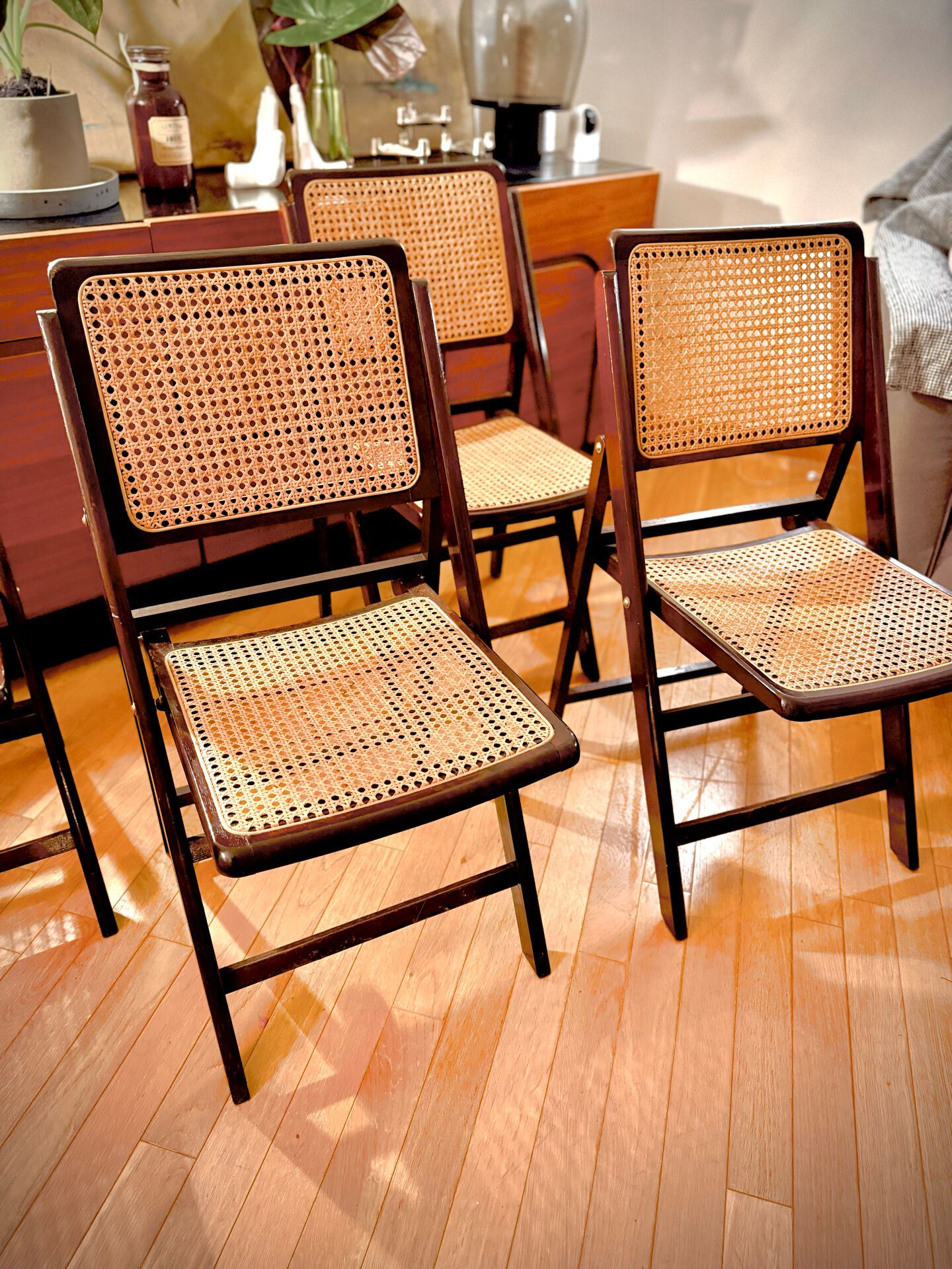 vintage wooden folding chairs with caning