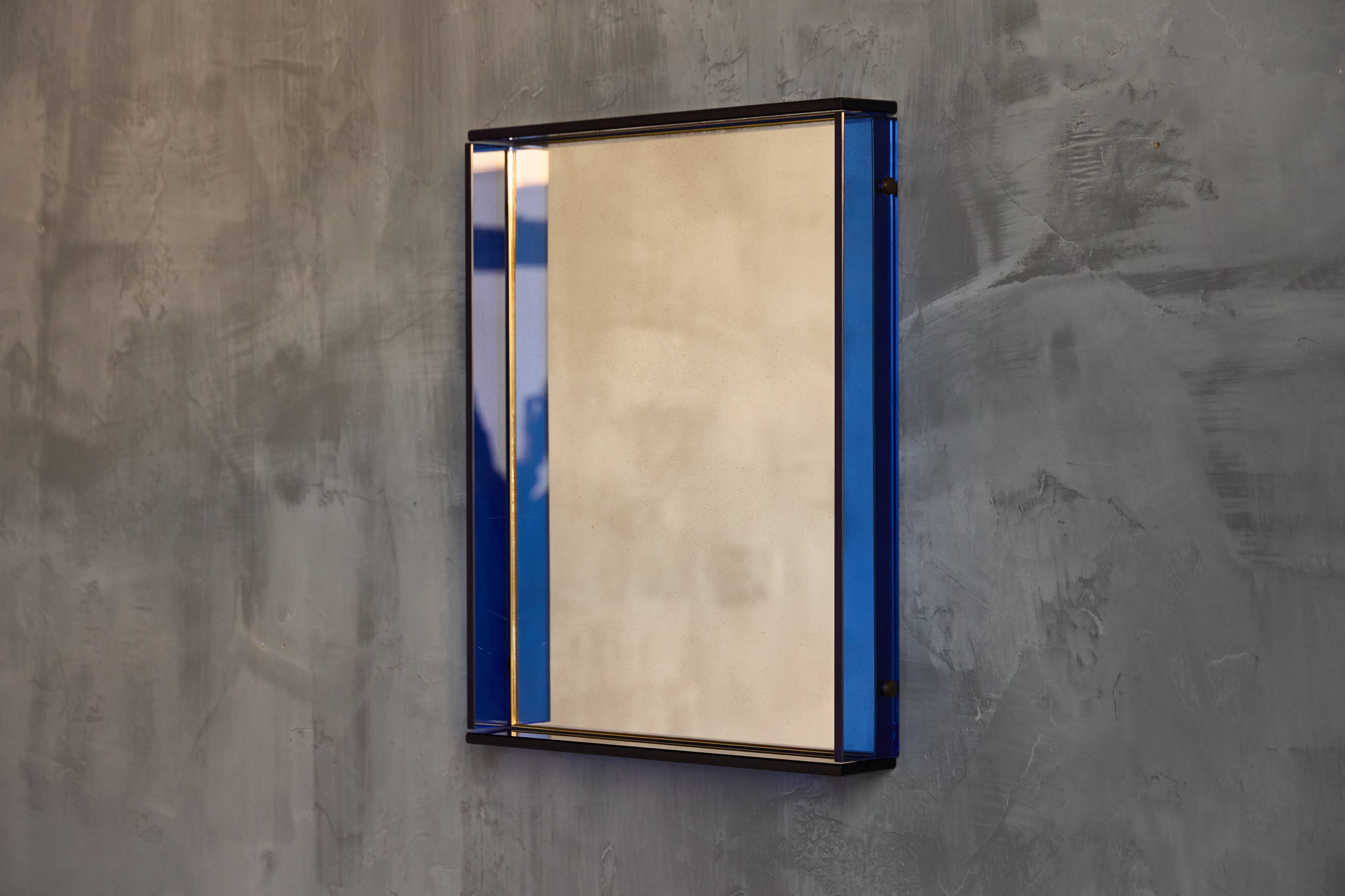 Blue Coloured and Mirrored Glass Wall Mirror, Italy, 1960s