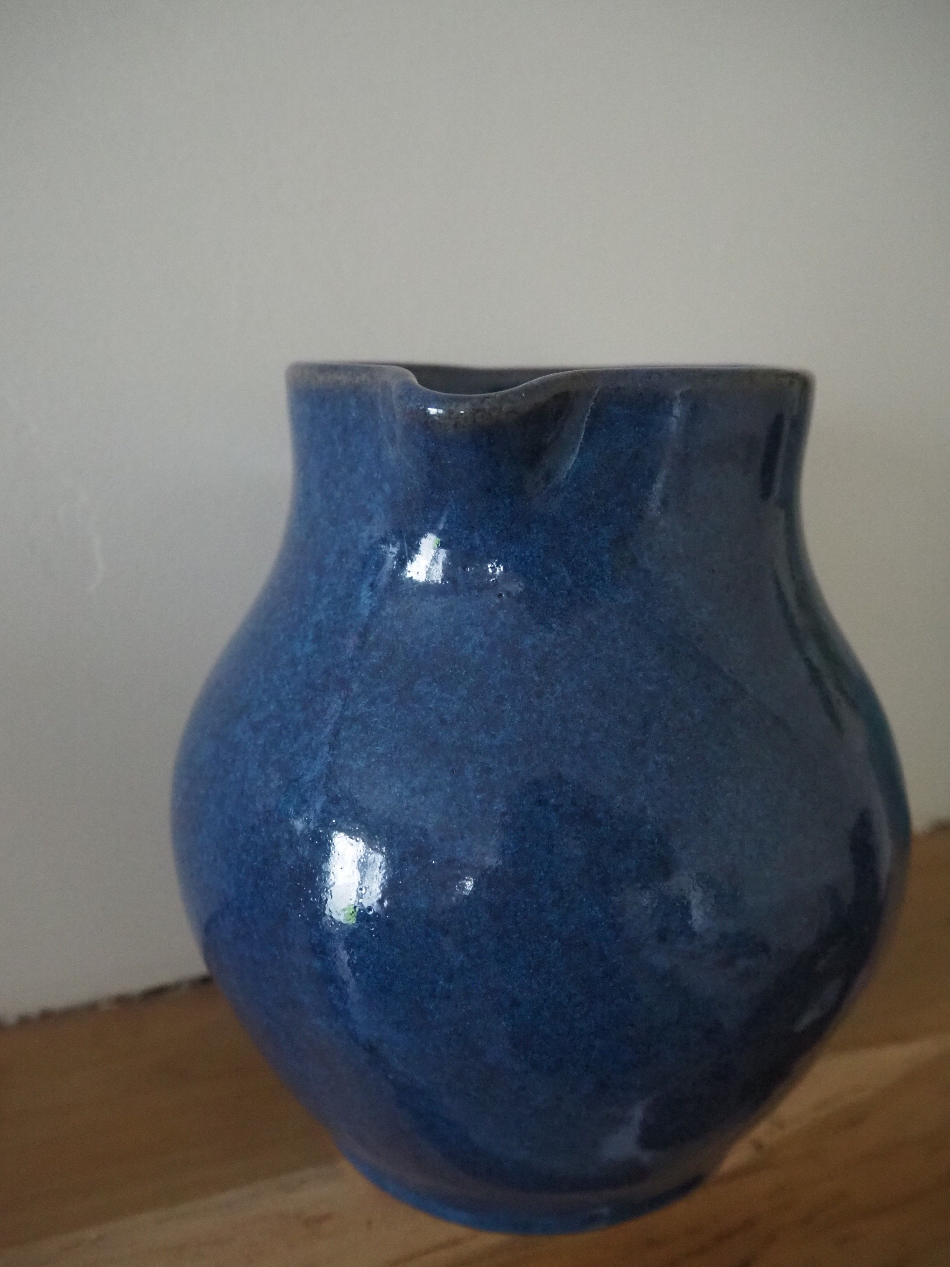 Ceramic pitcher – blue enamel signed J. Normand handmade in France