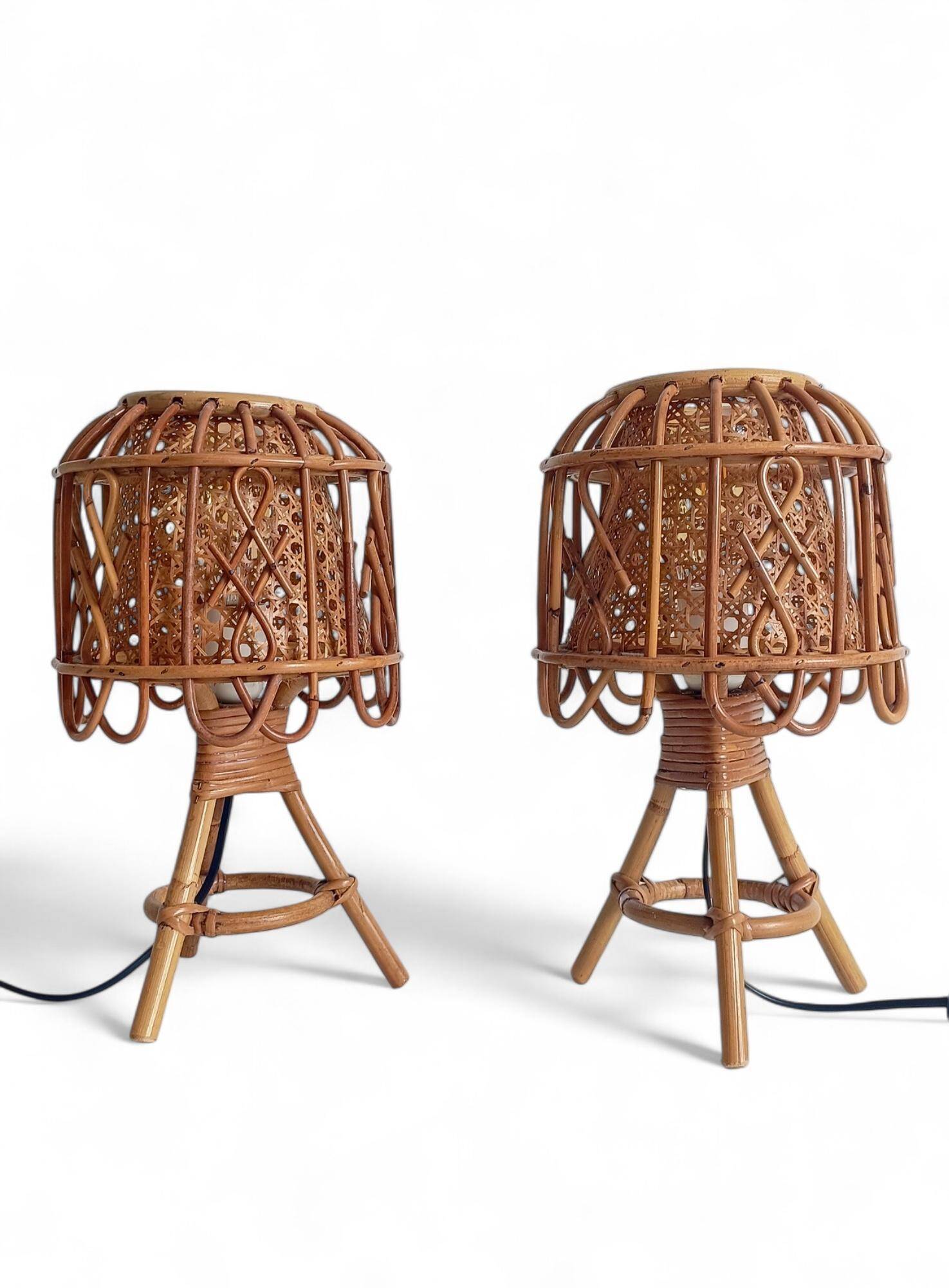 Mid-Century French Riviera Bamboo and Rattan Table Lamps, 1960s