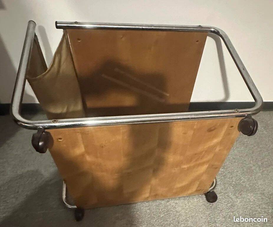 1970s/80s coffee table on casters with metal tubing, light-colored door