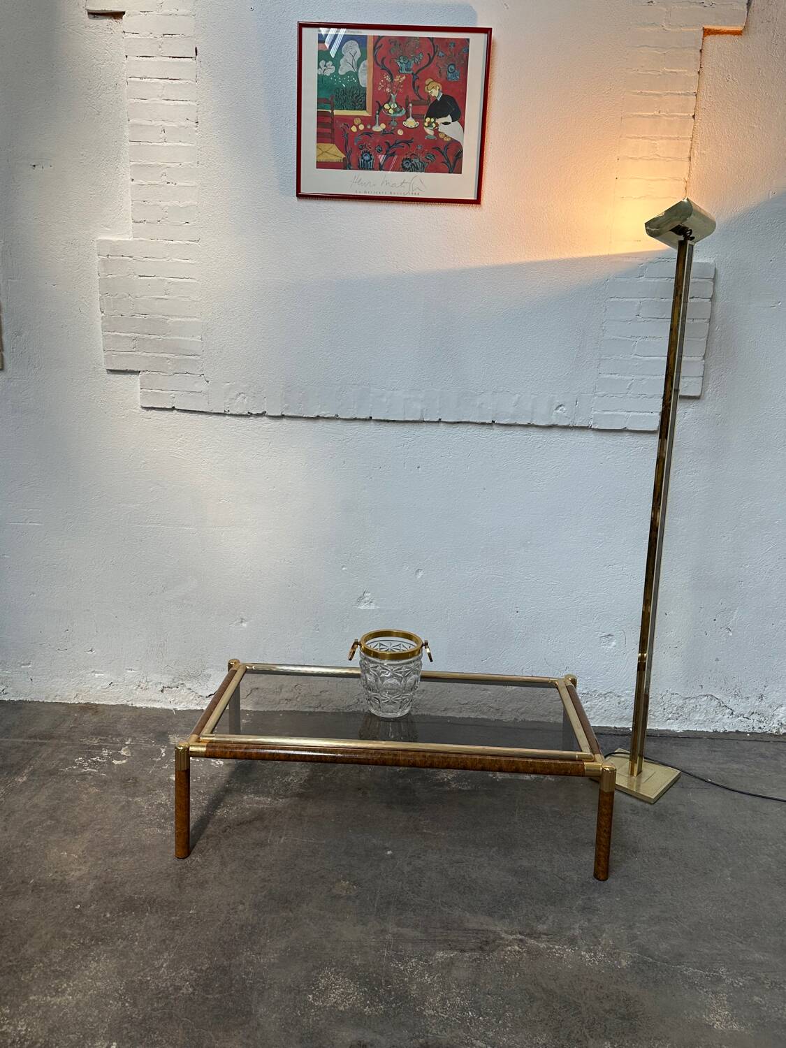 Gold-tone metal and imitation elm burl coffee table