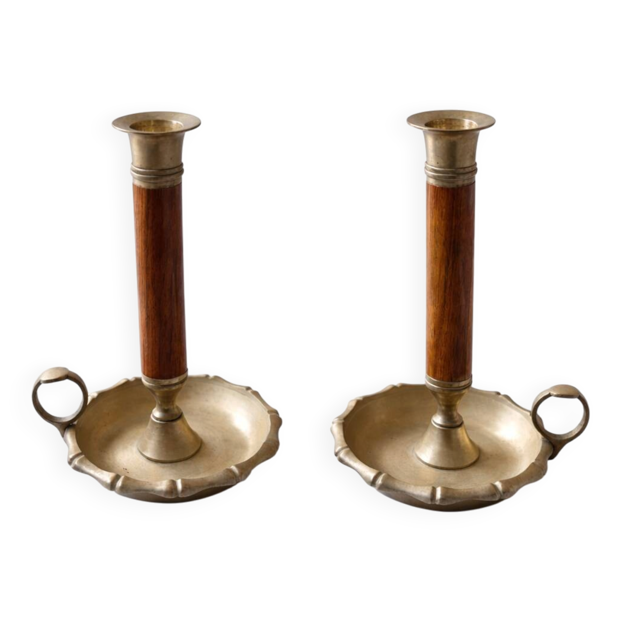 Paire de bougeoirs à main en laiton et bois, 1950