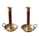 Paire de bougeoirs à main en laiton et bois, 1950