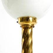 Large 1960s brass column-style table lamp with frosted glass globe