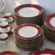 Elegant mid-century Japanese bone china service for 12 in white and noble red