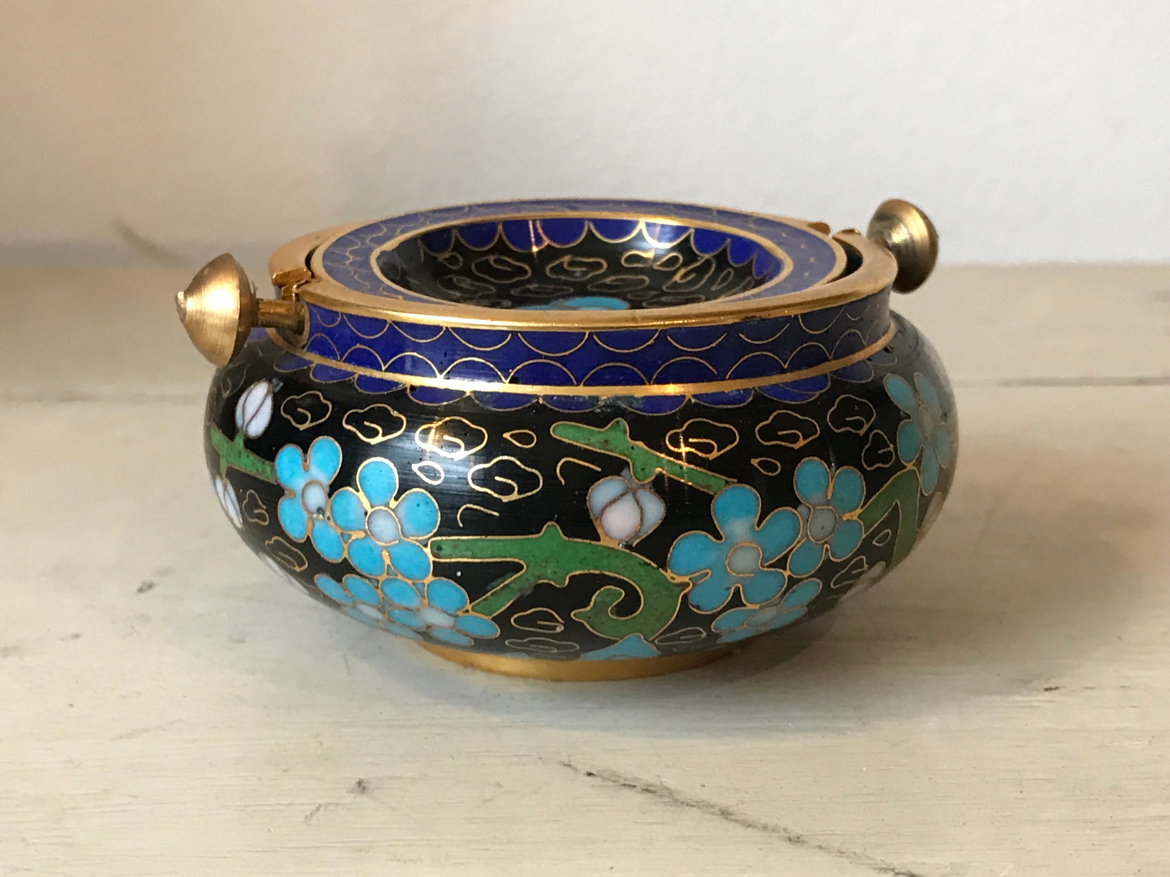 Ashtray burns incense in bronze enamelled floral decoration forget-me-not tones blue and black
