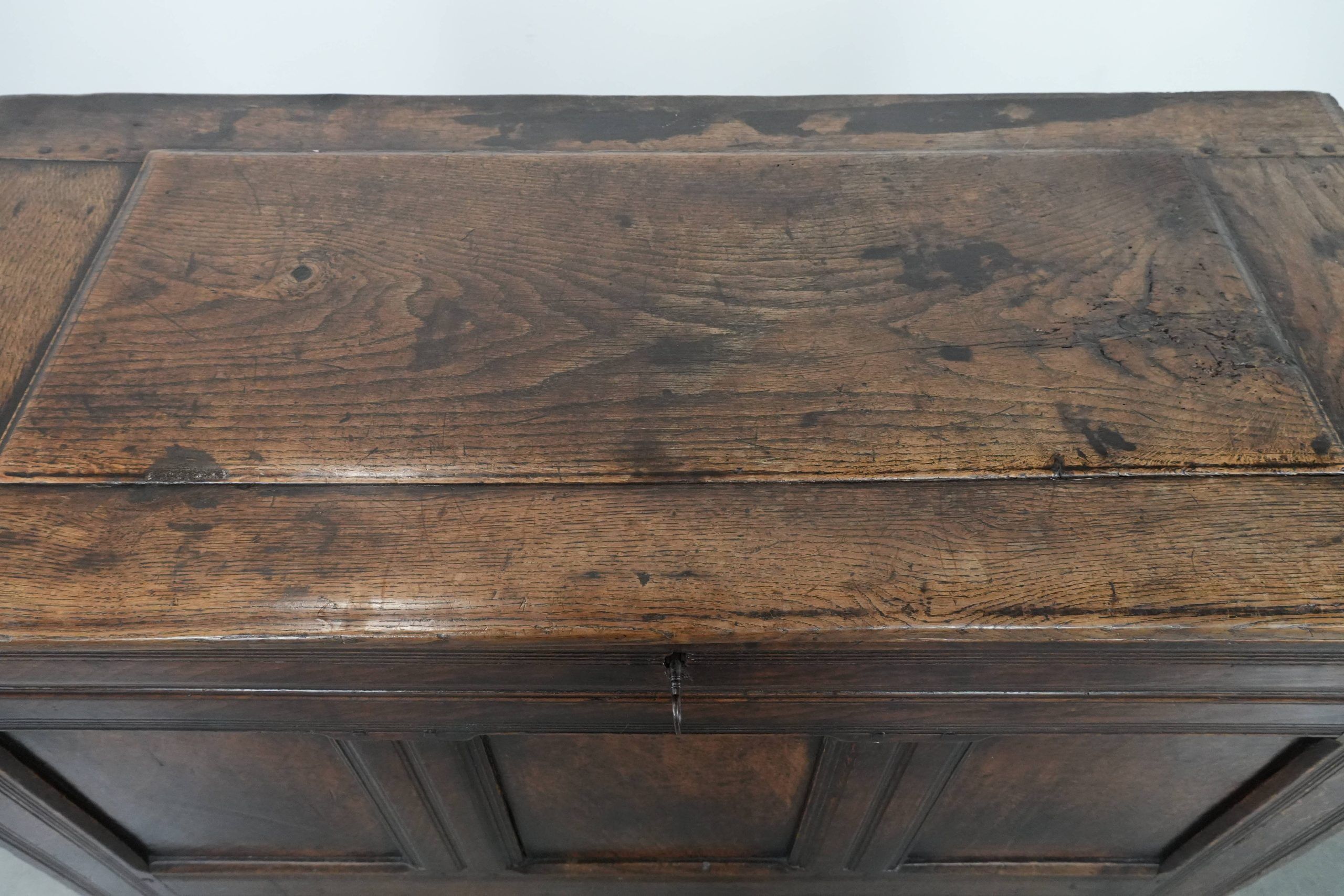 Large antique panelled English oak chest from the 18th century