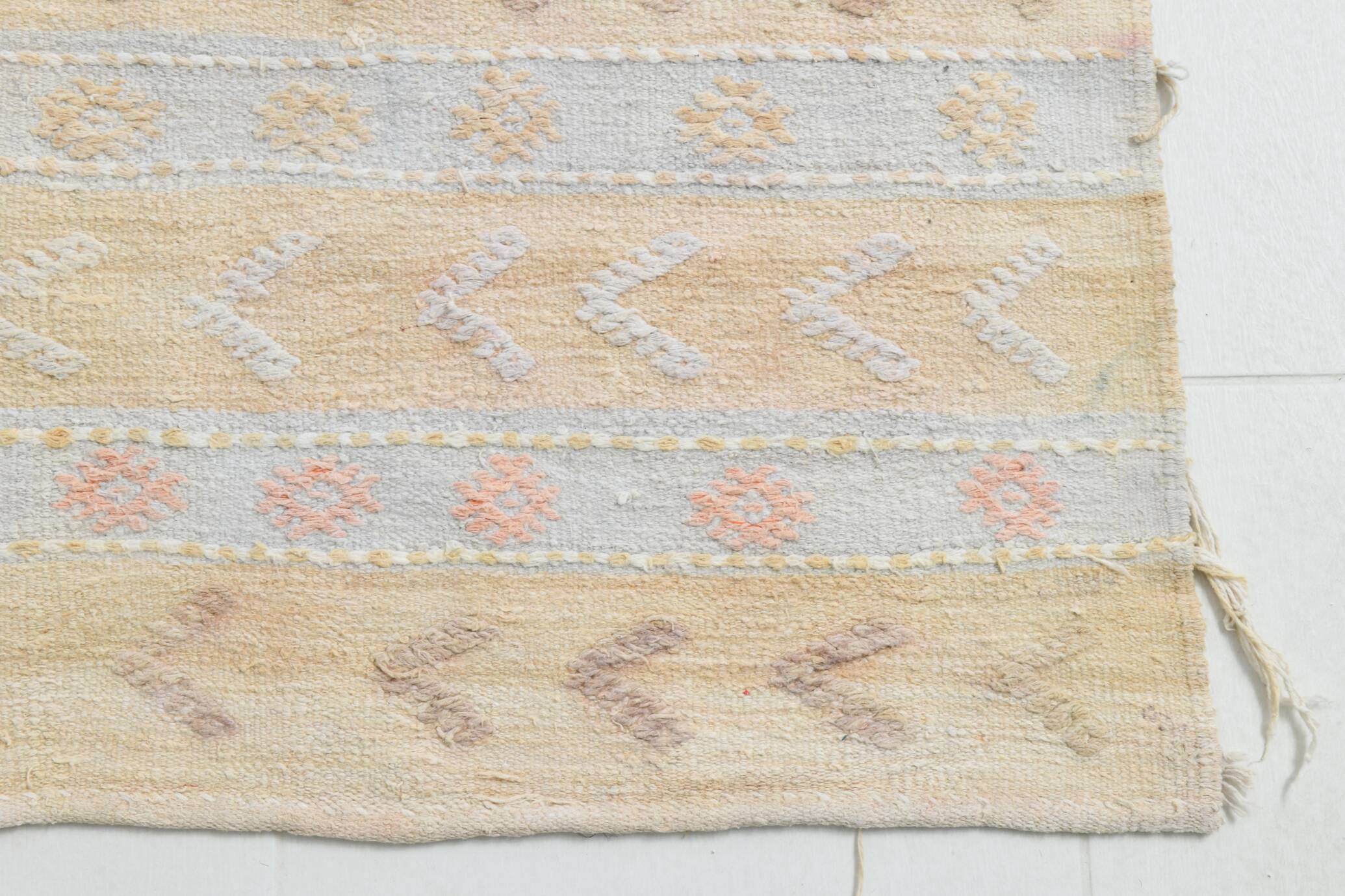 Soft Beige & Mustard Yellow Striped Wool Kilim Rug, 155x396