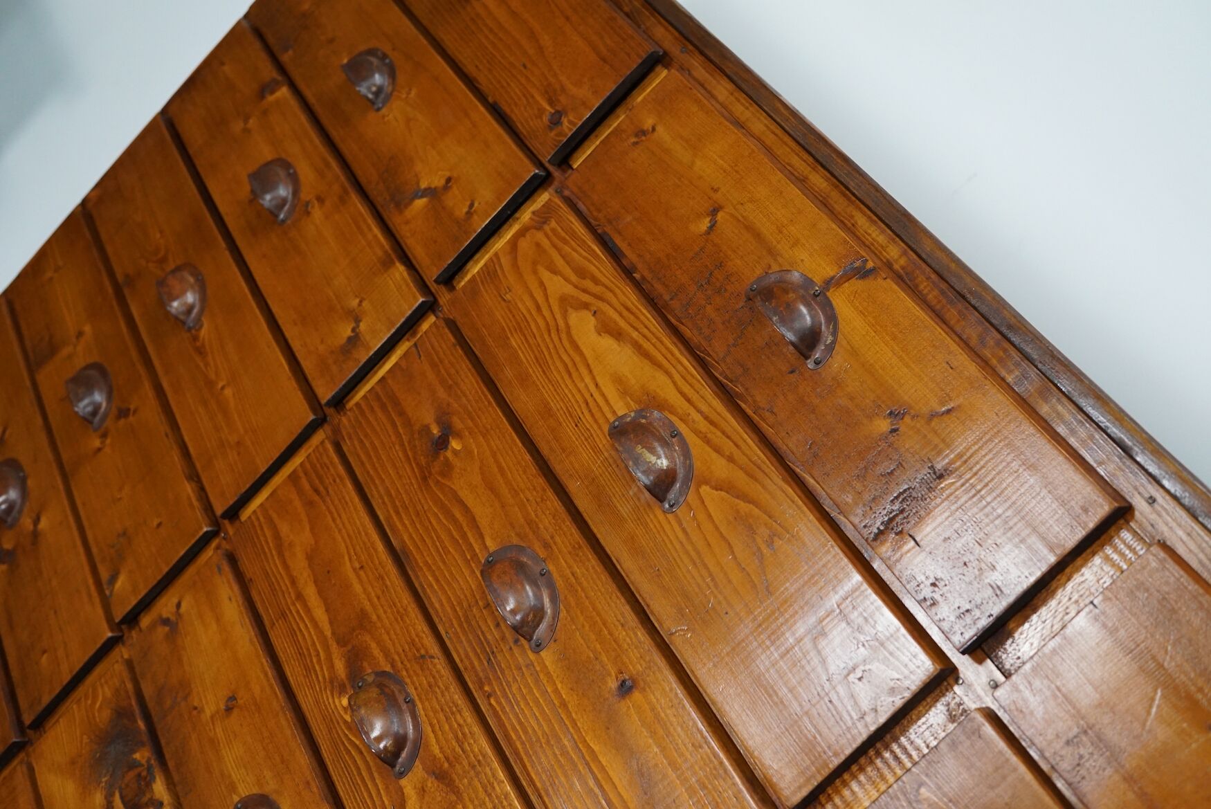 Dutch pine industrial apothecary cabinet, 1950s