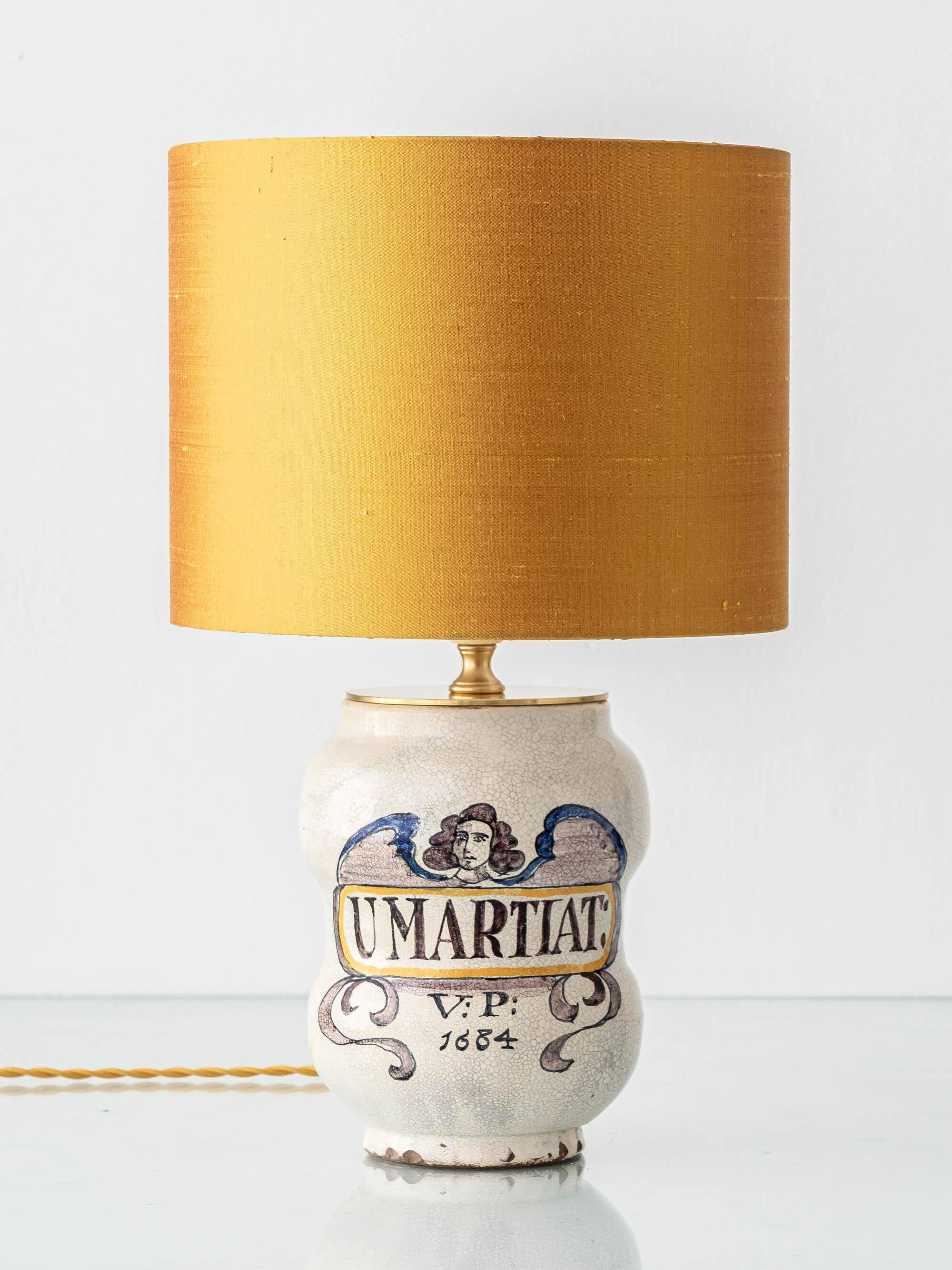 Italian apothecary jar table lamp with new Dupion silk shade, 19th century.
