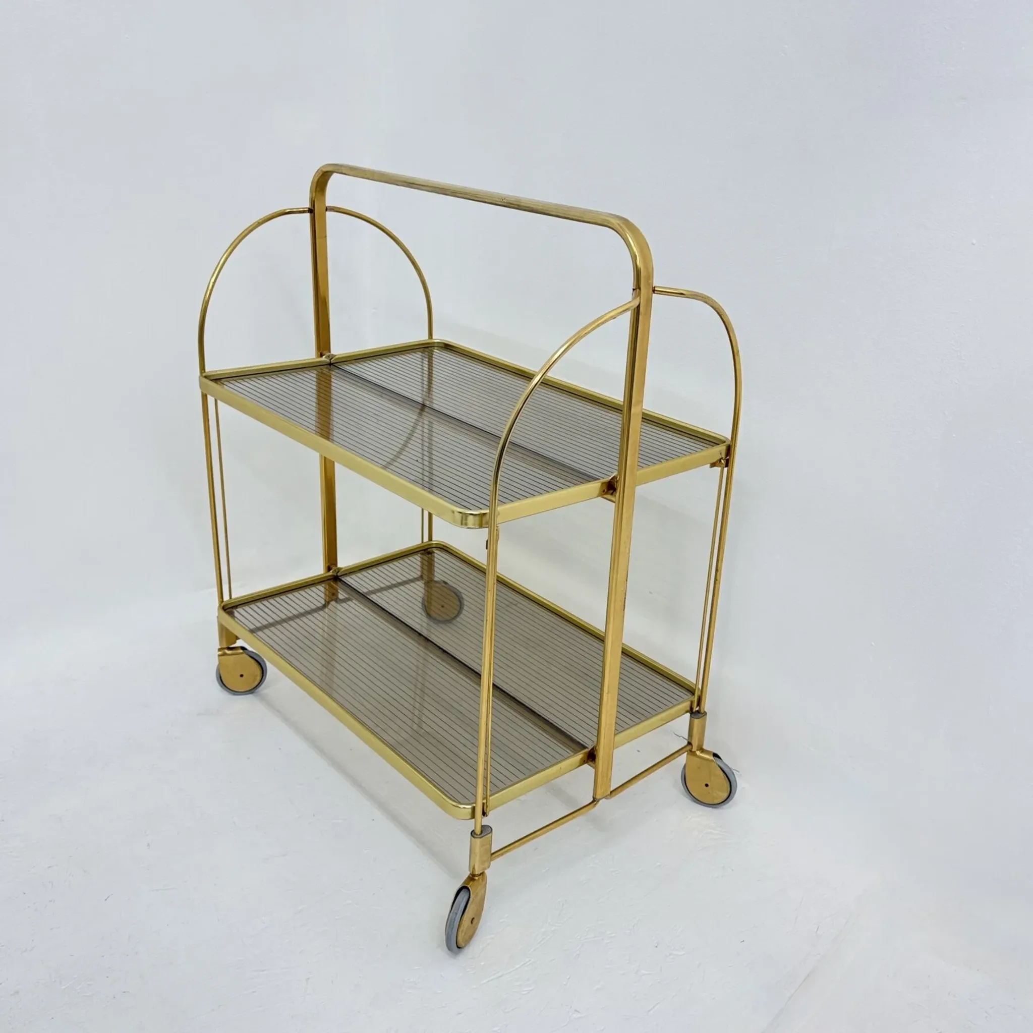 Mid-century modern folding bar cart in brass and ribbed acrylic glass, 1970s