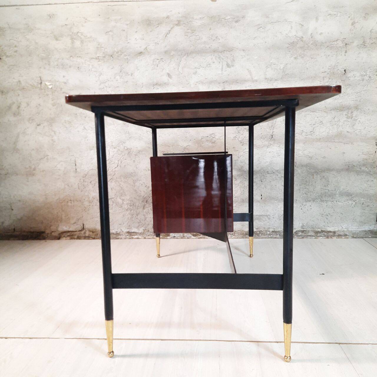 Vintage lacquered top desk with iron structure and pointed brass feet