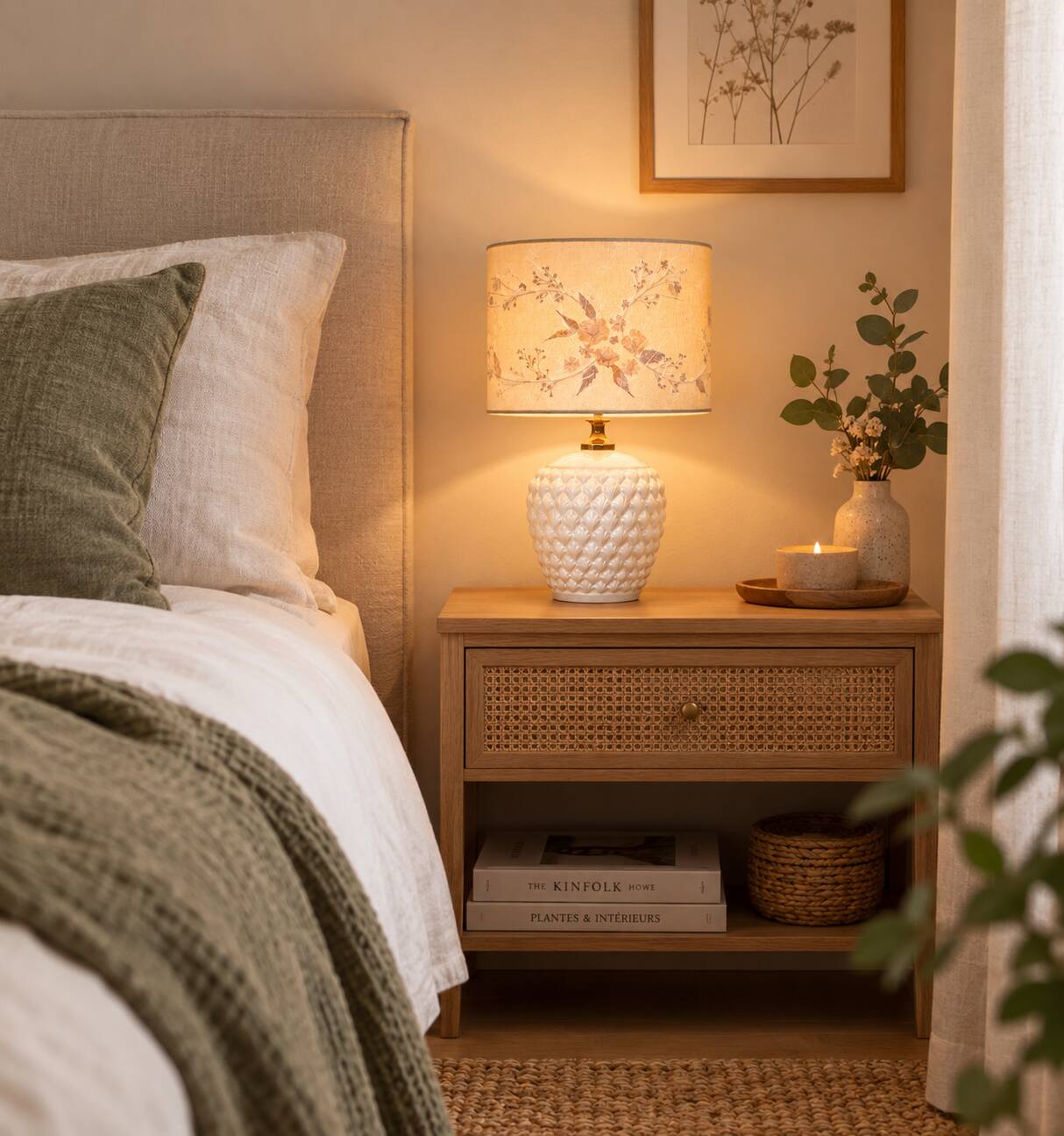 Lamp with a lampshade of dried flowers and a white ceramic base.