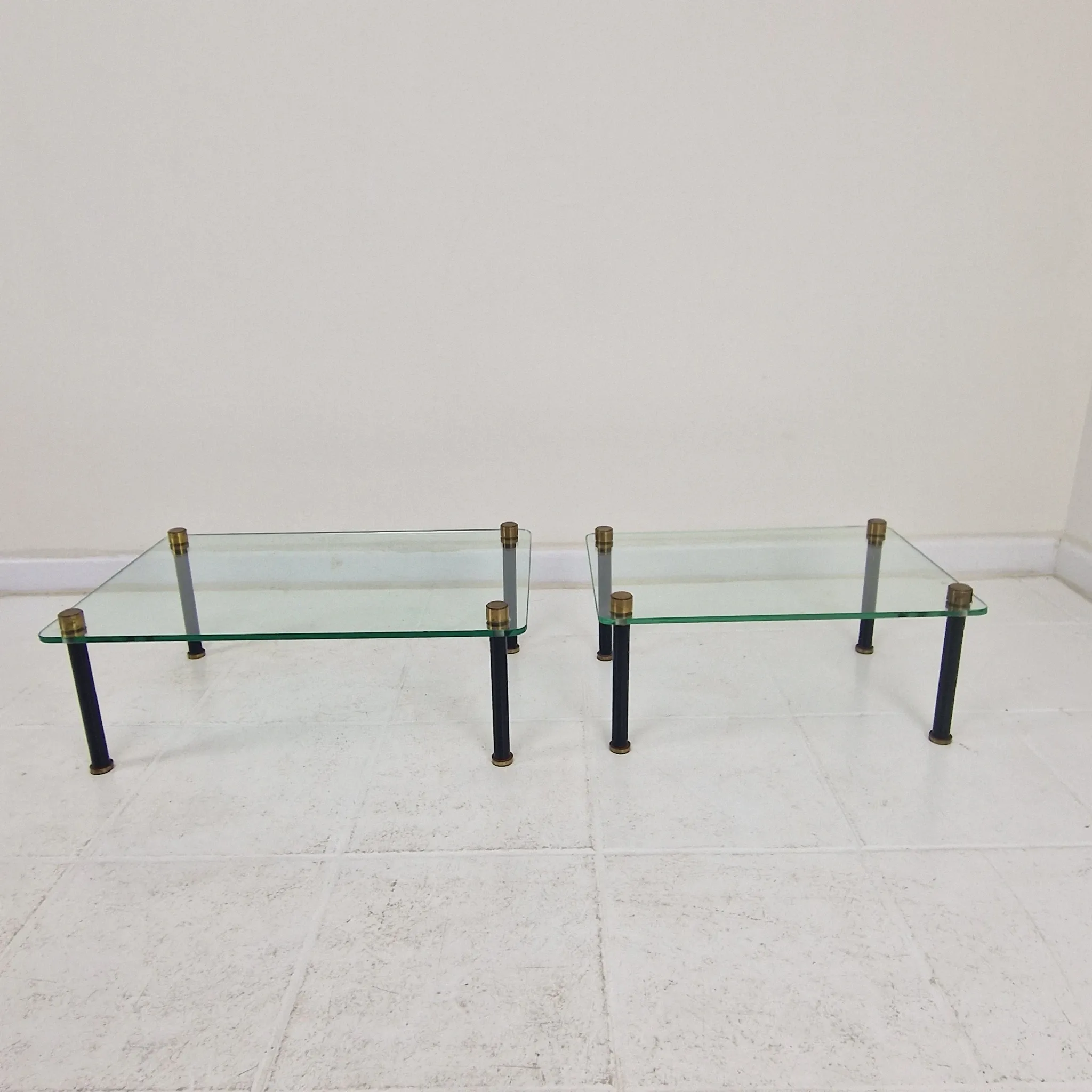 French Modernist Glass and Brass Display Tables with 'P. Andrieux', 1930's