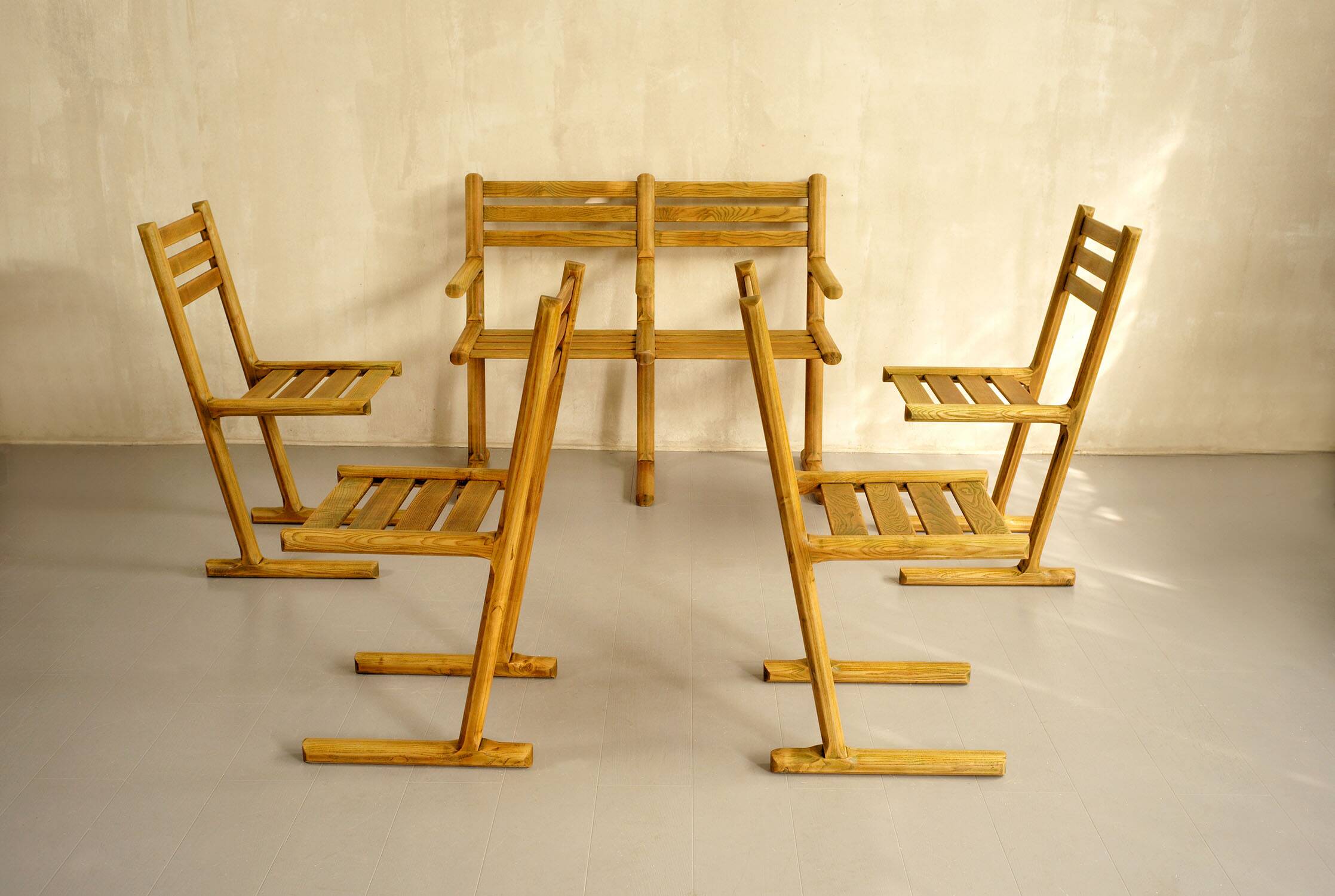 Set of 4 chairs and a bench, France 1960