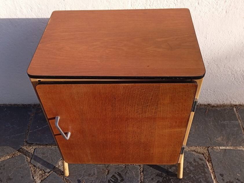 Metal and wood boarding school bedside table