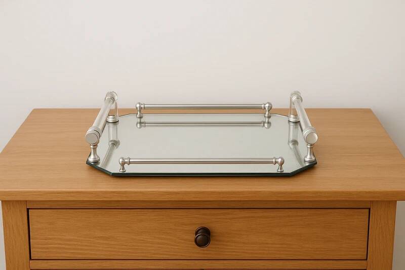Vintage mirrored tray with glass and metal handles – H5 × W39 × D30 cm