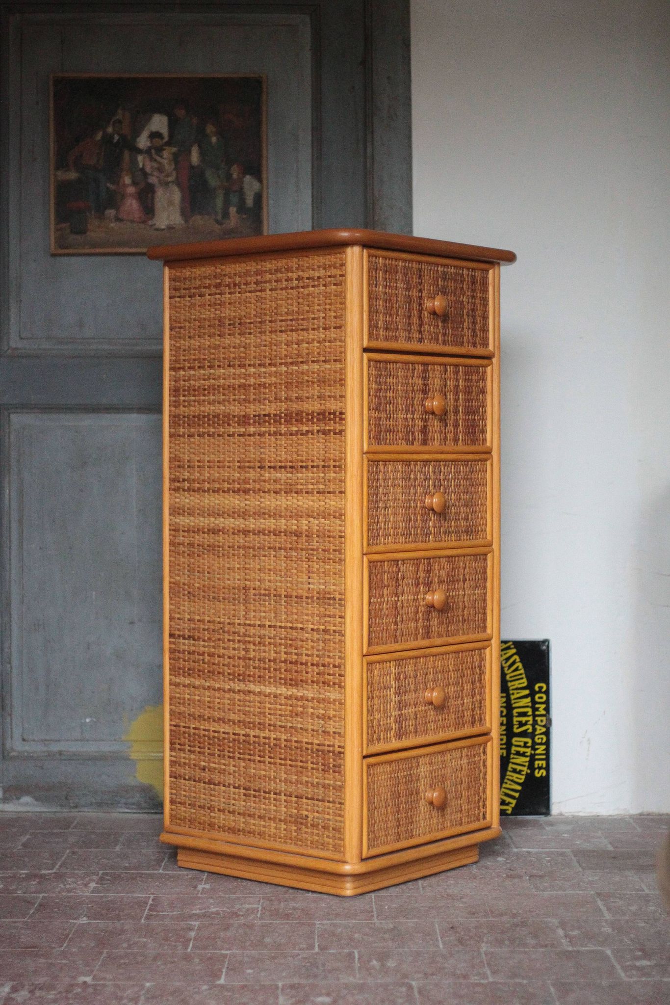 Vintage chest of drawers, Maugrion rattan weekly organizer for Roche Bobois