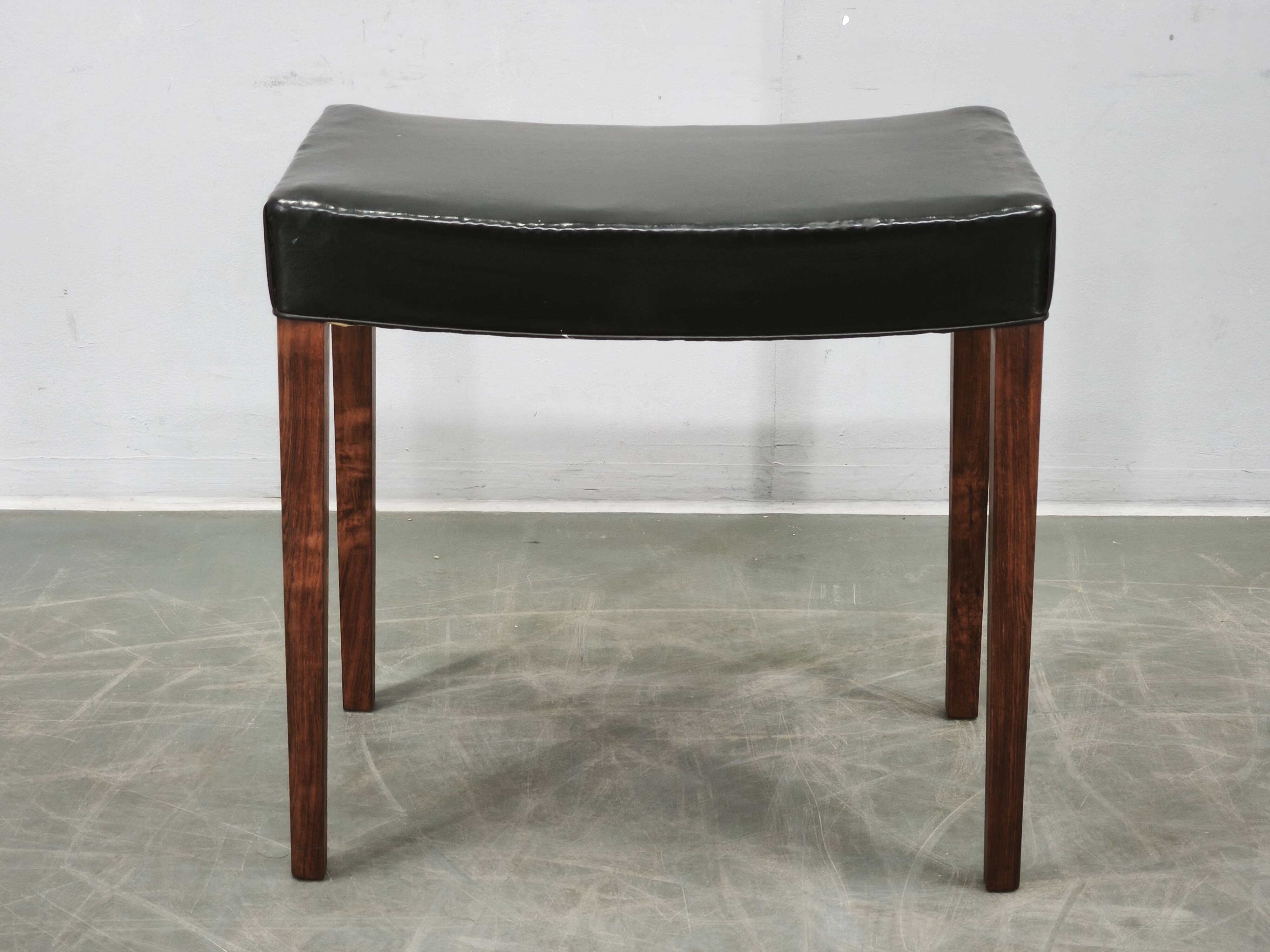 1960s Danish Modern Wood and Black Leather Stool