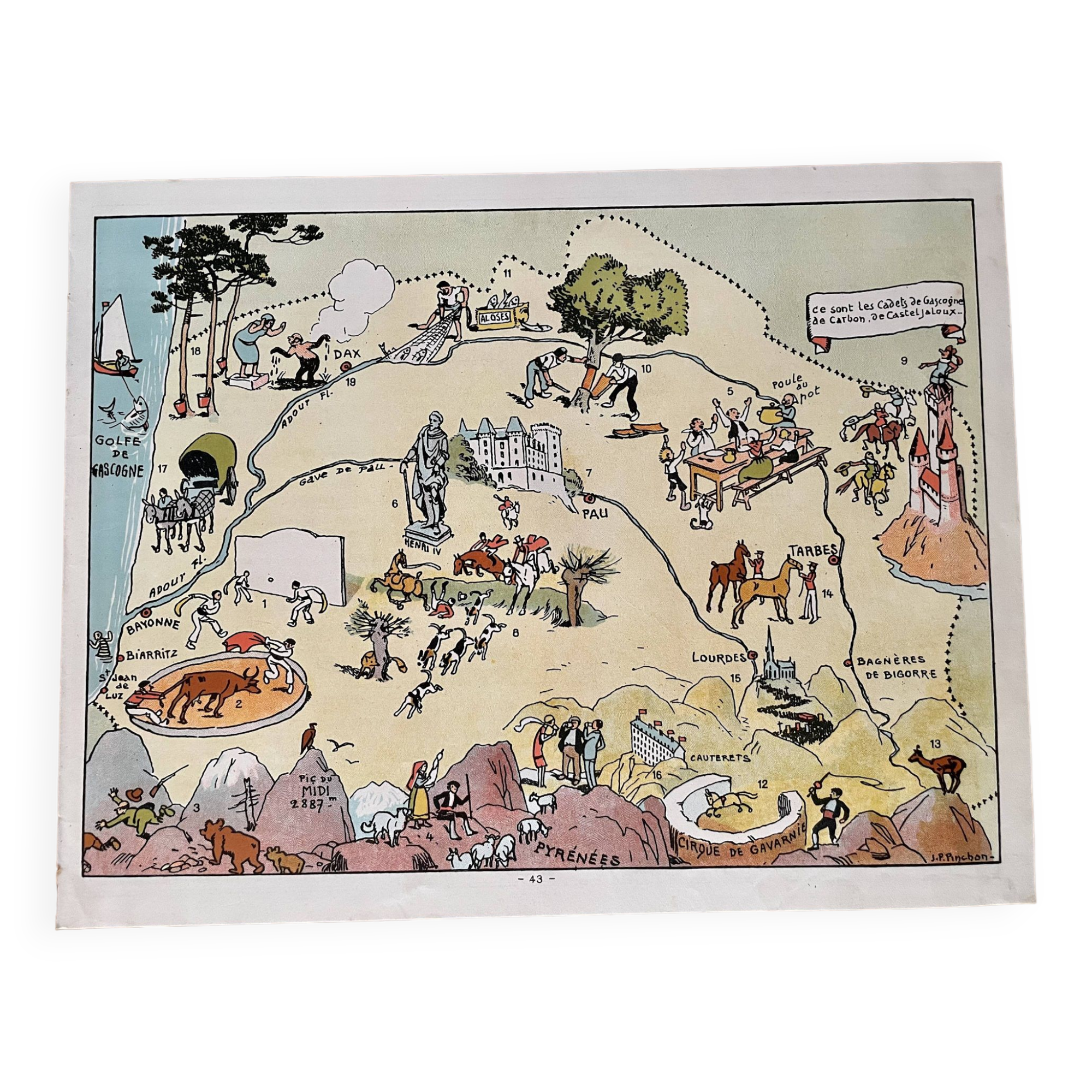Old illustrated map of Gascony Béarn Basque Country 1929 - JP Pinchon