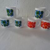 6 MUGS vintage flowers LOTUS 562112 Arcopal FRANCE orange blue