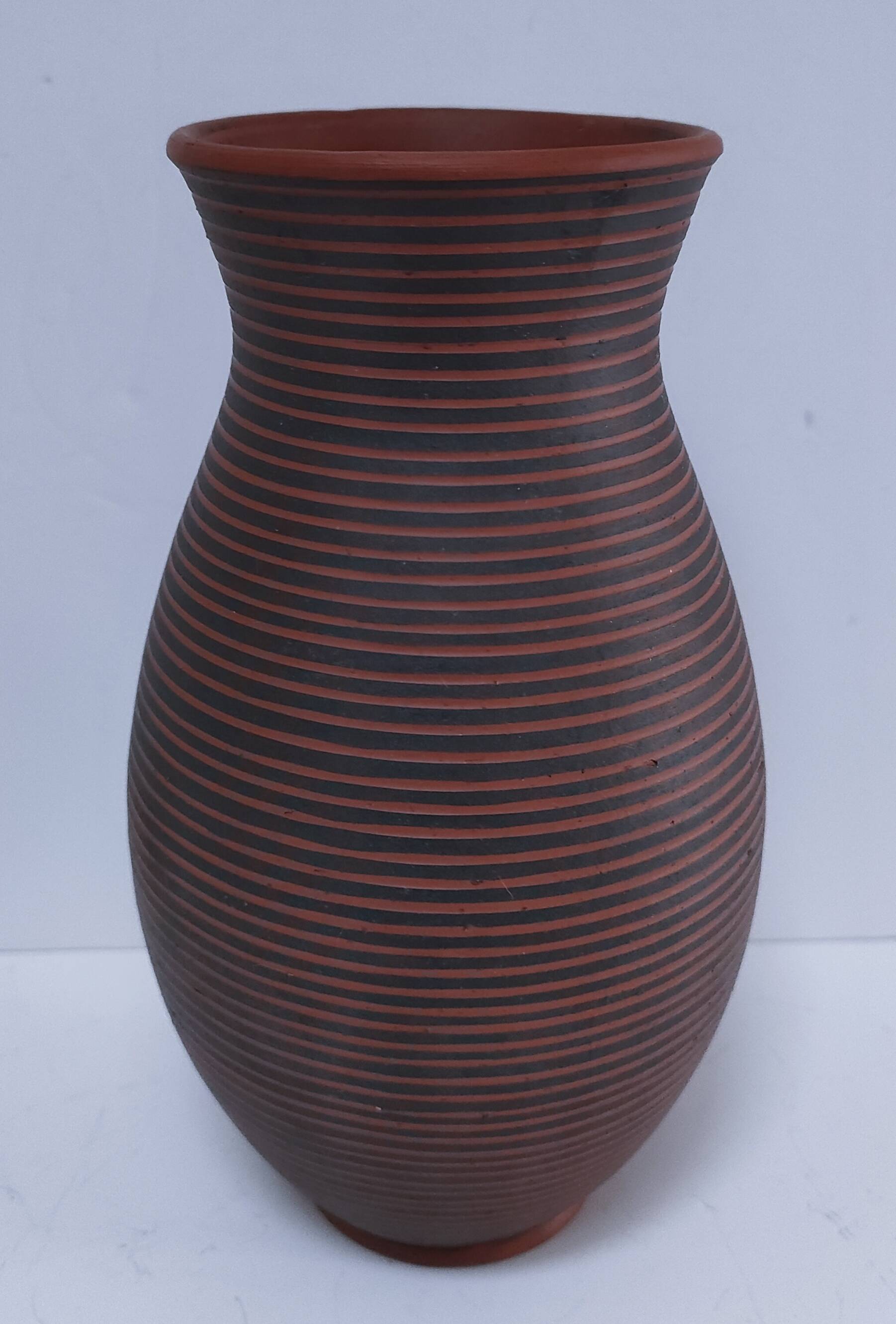 two-tone striped clay vase from the 1960s, signed