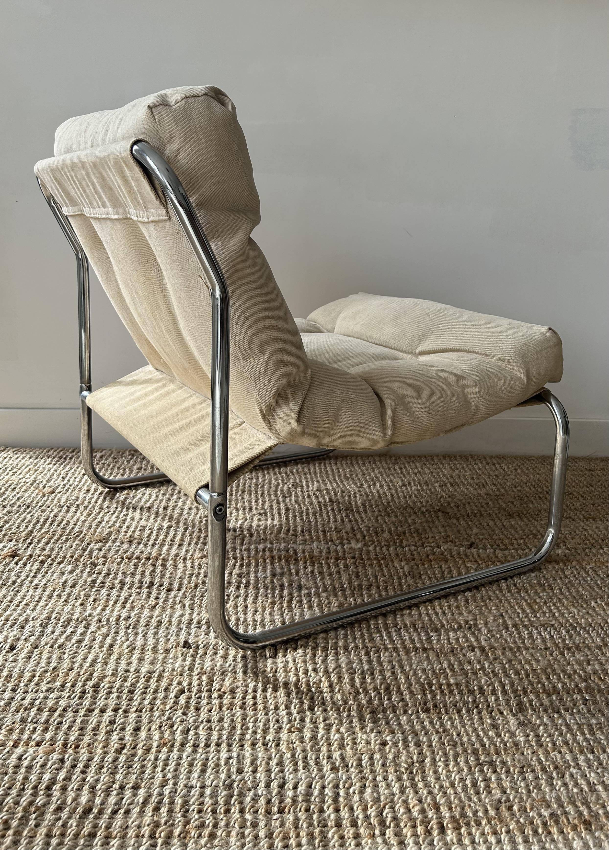 Vintage armchair Gillis Lundgren, beige and chrome canvas, Sweden 1970