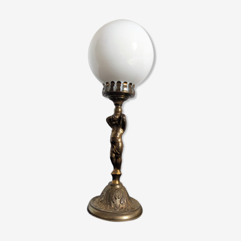 Lampe pied bronze globe verre opaline vintage style art déco